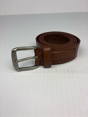 Columbia Men XL 42 44 Belt Brown Leather Silver Tone Buckle Adjustable Casual